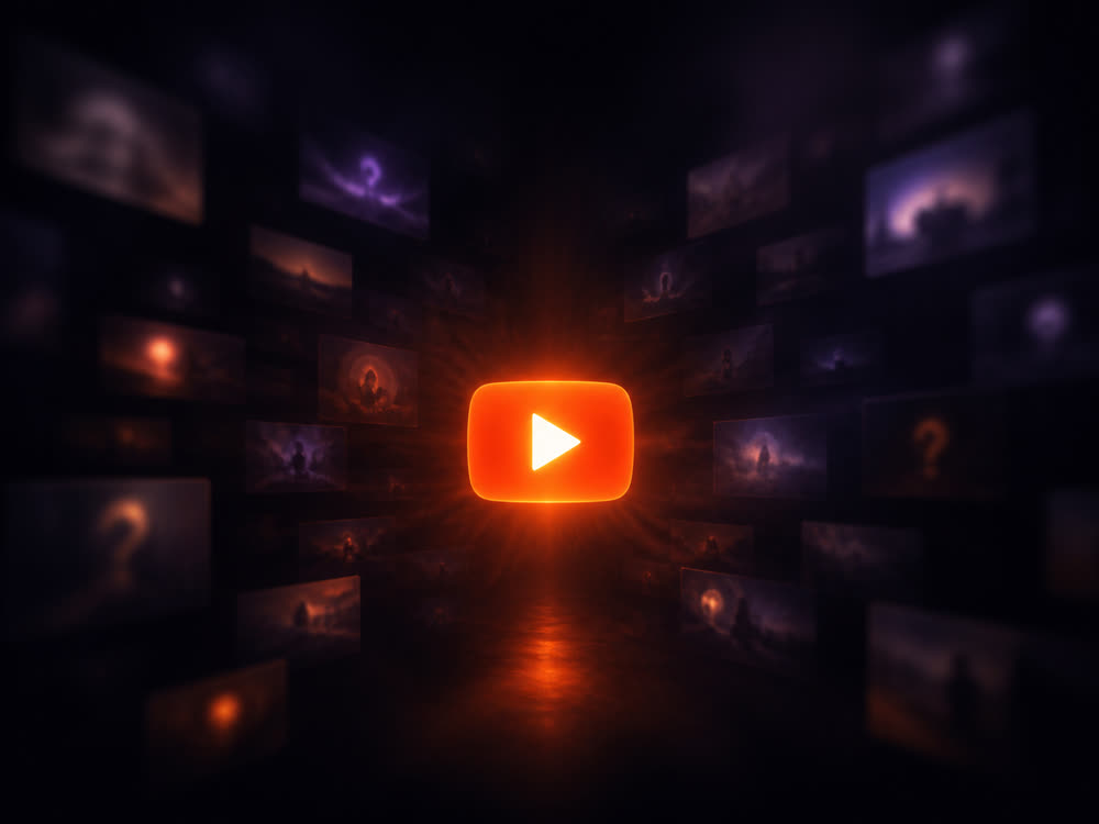 A glowing play button at the center of a wall of dim, blurred, faceless video thumbnails