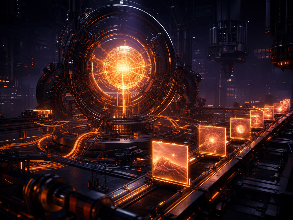 A glowing autonomous machine on an assembly line producing finished video screens by itself