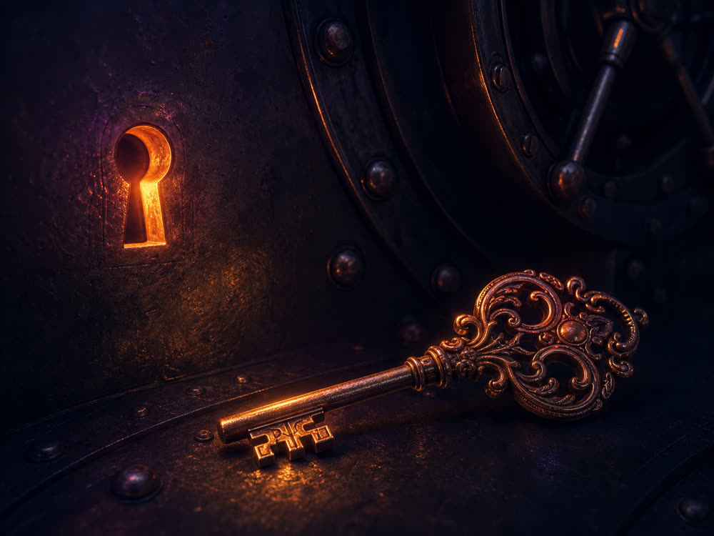 An ornate glowing key resting beside the lit keyhole of a heavy vault door